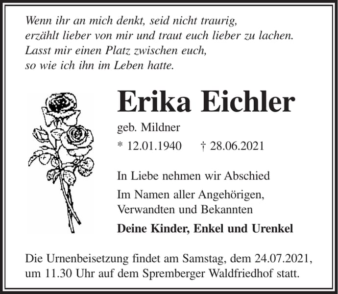 Traueranzeige Erika Eichler, geb. Mildner