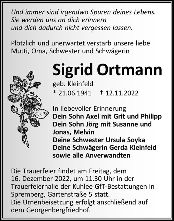 Traueranzeige Sigrid Ortmann, geb. Kleinfeld