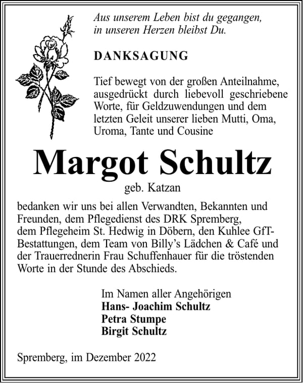 Danksagung Margot Schultz, geb. Katzan