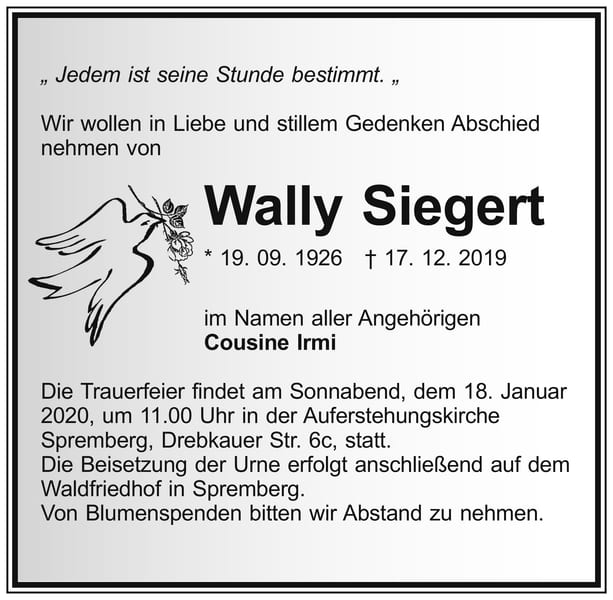 Traueranzeige Wally Siegert