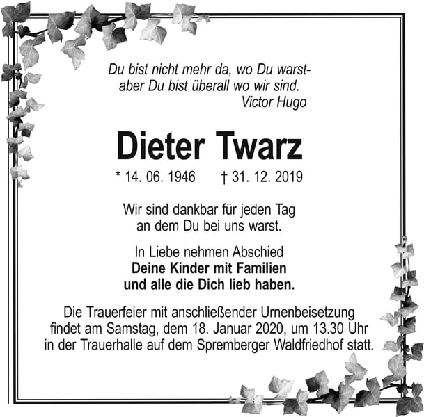 Traueranzeige Dieter Twarz
