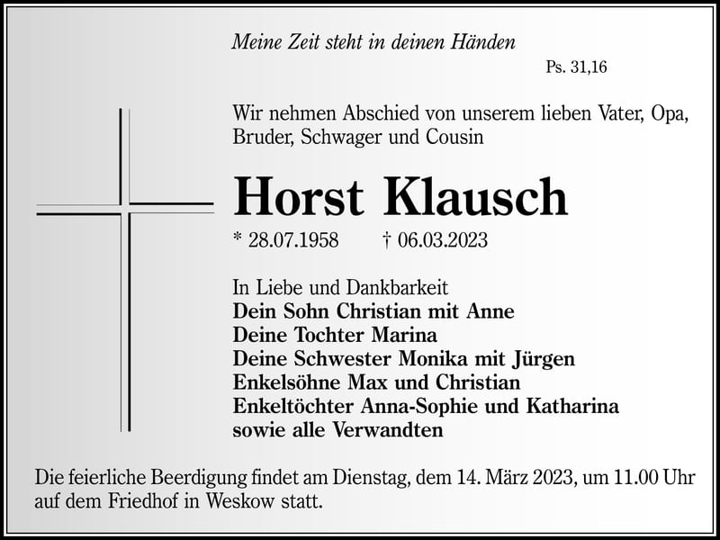 Traueranzeige Horst Klausch