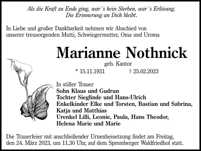 Traueranzeige Marianne Nothnick, geb. Kantor