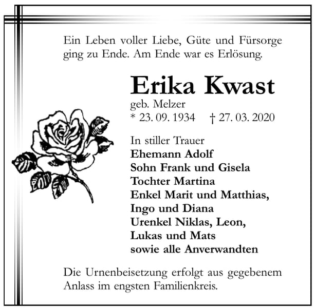 Traueranzeige Erika Kwast, geb. Melzer