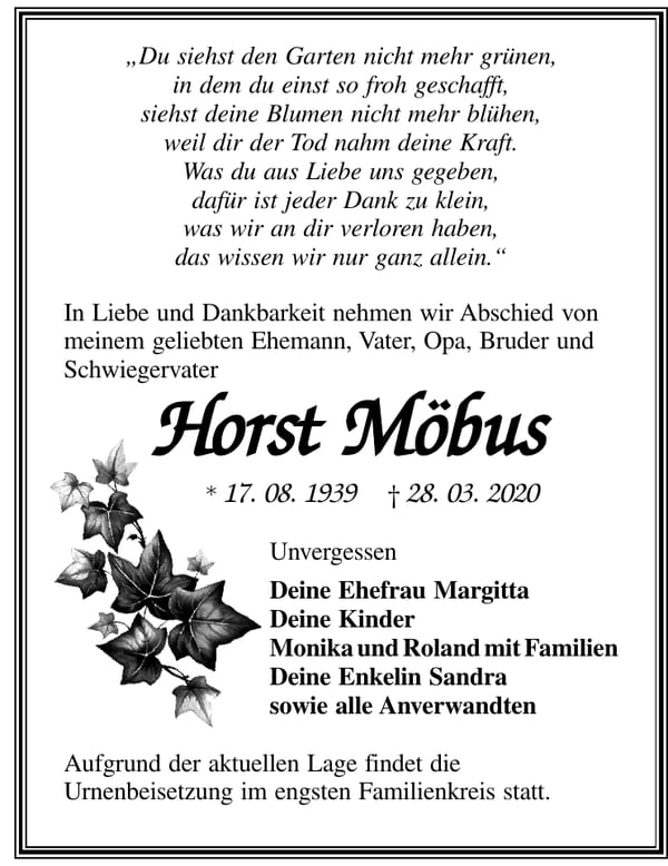 Traueranzeige Horst Möbus