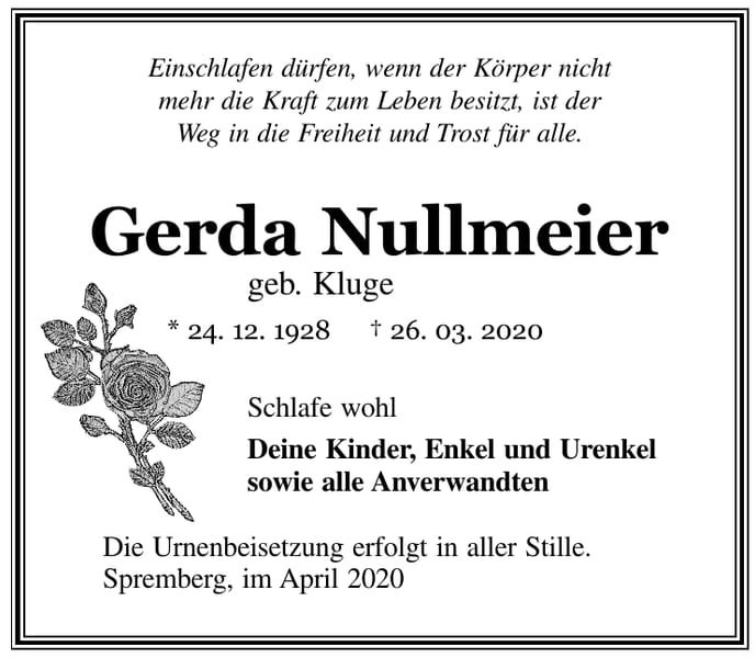 Traueranzeige Gerda Nullmeier, geb. Kluge