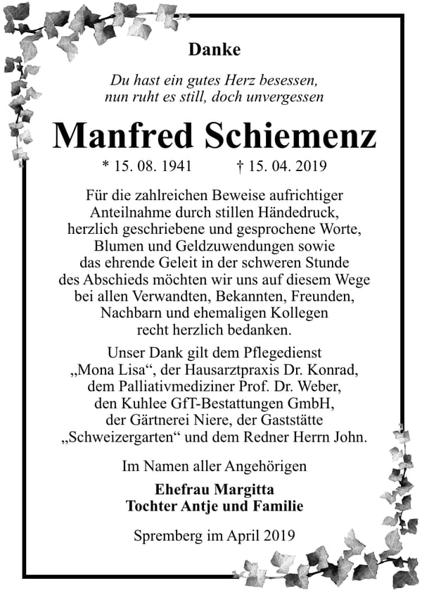 Traueranzeige Manfred Schiemenz