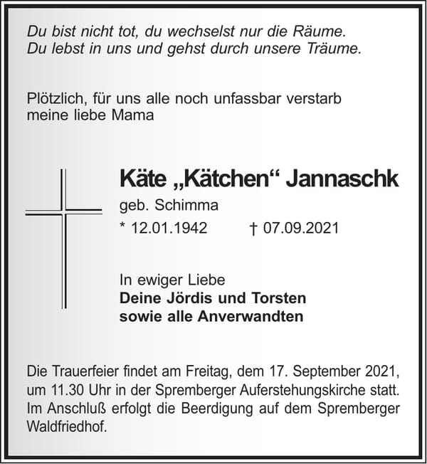 Traueranzeige Käte „Kätchen“ Jannaschk, geb. Schimma