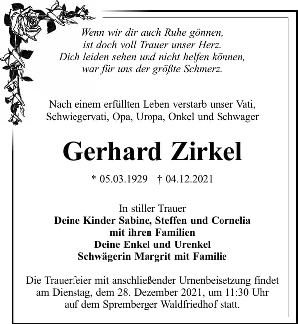 Traueranzeige Gerhard Zirkel