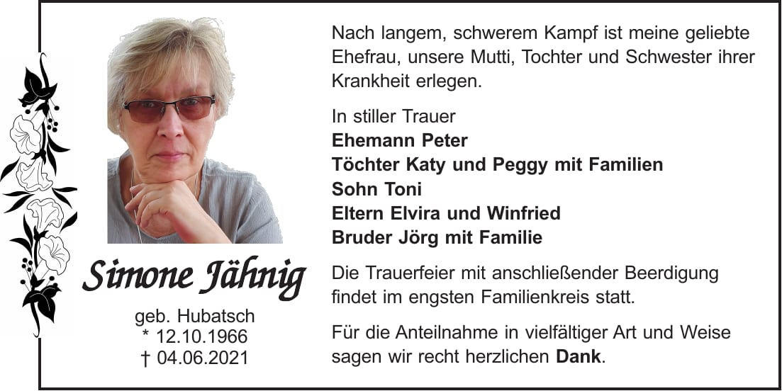 Traueranzeige Simone Jähnig, geb. Hubatsch