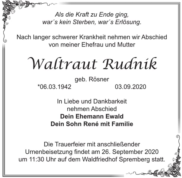 Traueranzeige Waltraut Rudnik, geb. Rösner