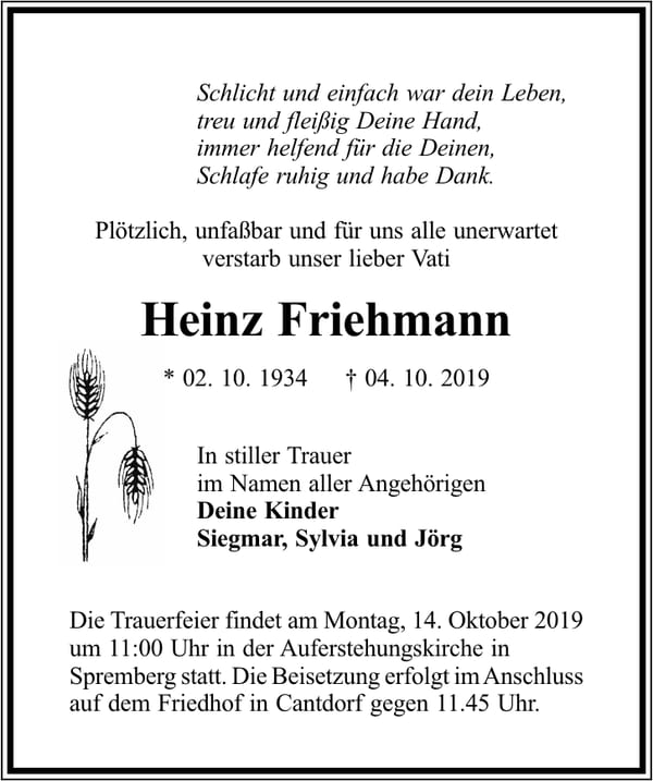 Traueranzeige Heinz Friehmann