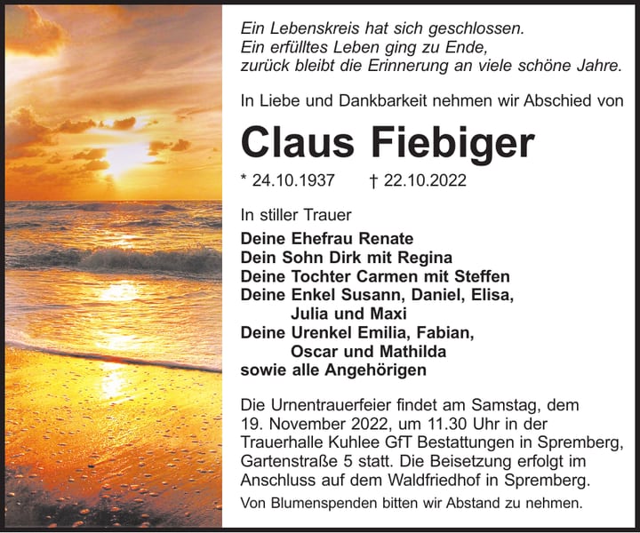 Traueranzeige Claus Fiebiger