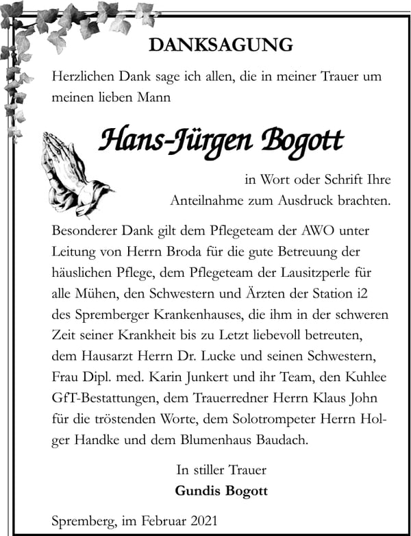 Danksagung Hans-Jürgen Bogott