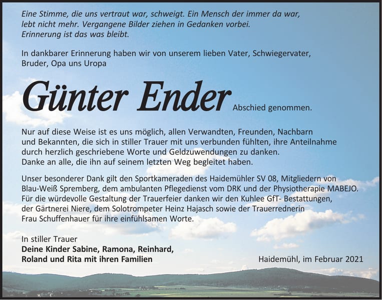 Danksagung Günter Ender