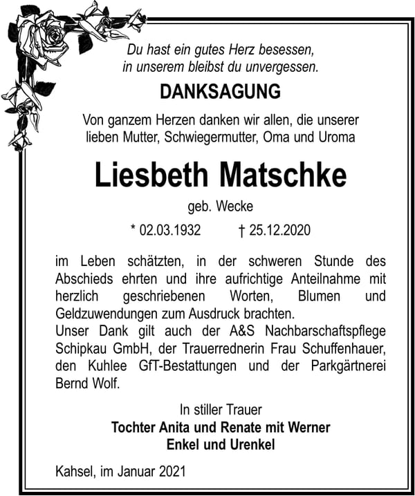 Danksagung Liesbeth Matschke, geb. Wecke