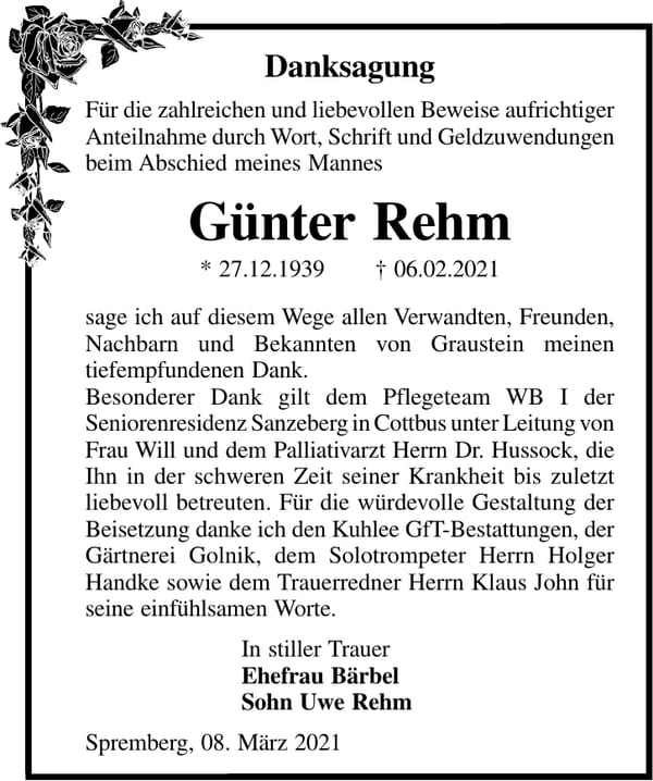 Danksagung Günter Rehm