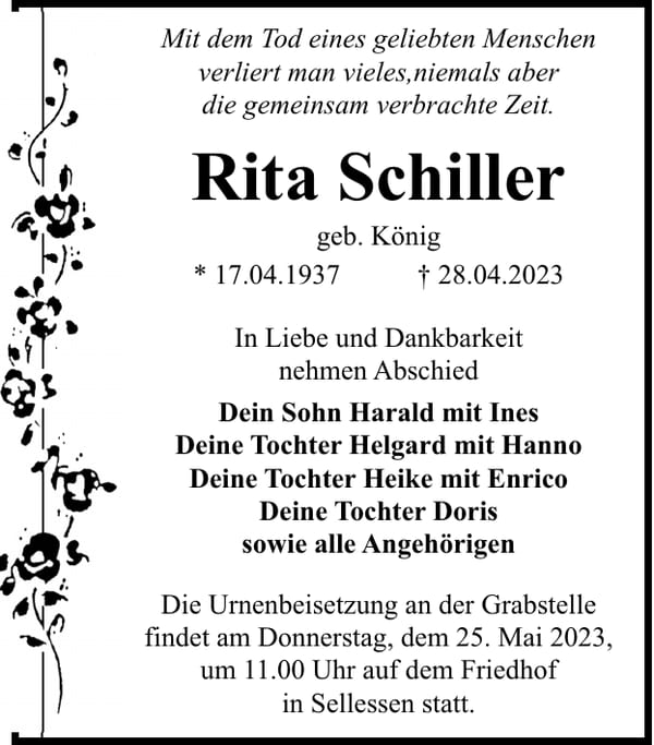 Traueranzeige Rita Schiller, geb. König