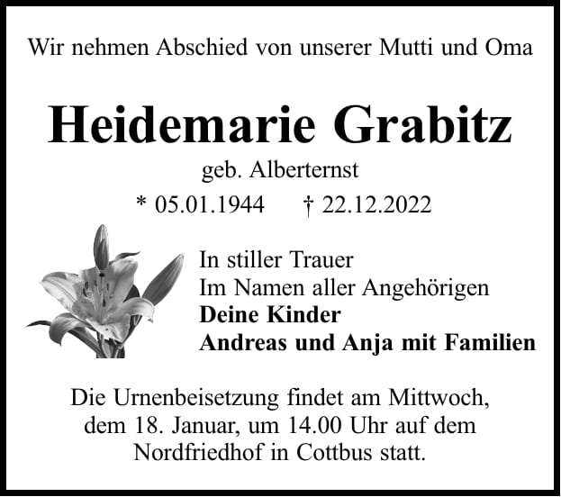 Traueranzeige Heidemarie Grabitz, geb. Alberternst
