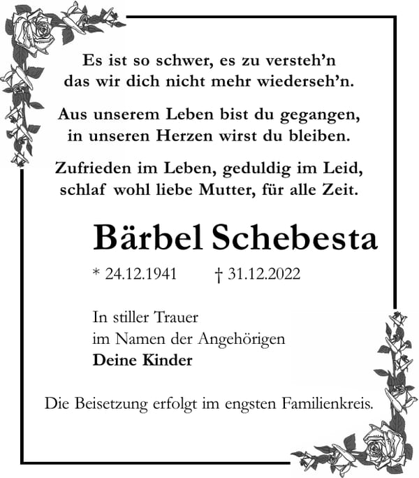 Traueranzeige Bärbel Schebesta