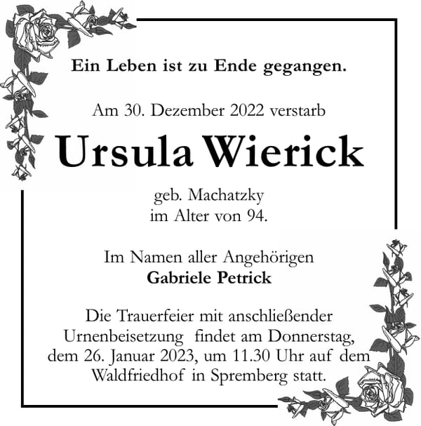 Traueranzeige Ursula Wierick, geb. Machatzky