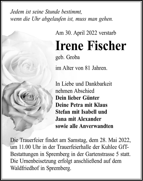 Traueranzeige Irene Fischer, geb. Groba