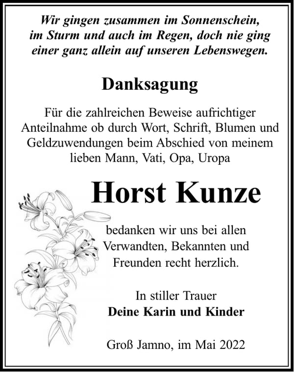Danksagung Horst Kunze