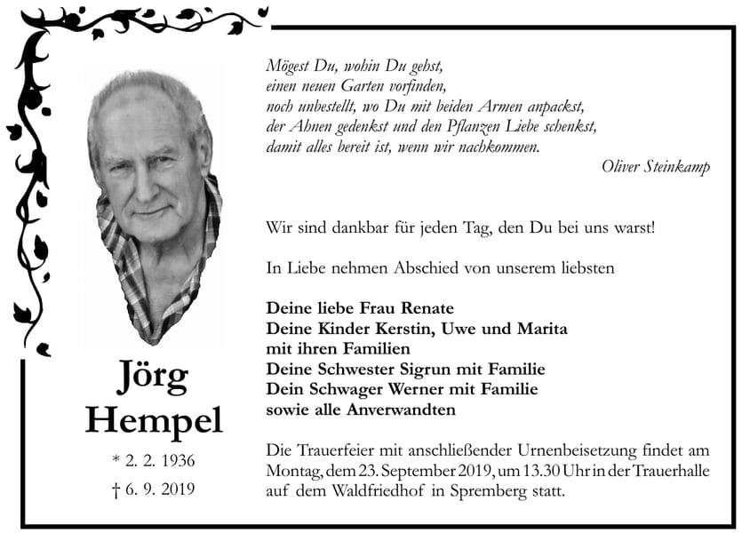 Traueranzeige Jörg Hempel
