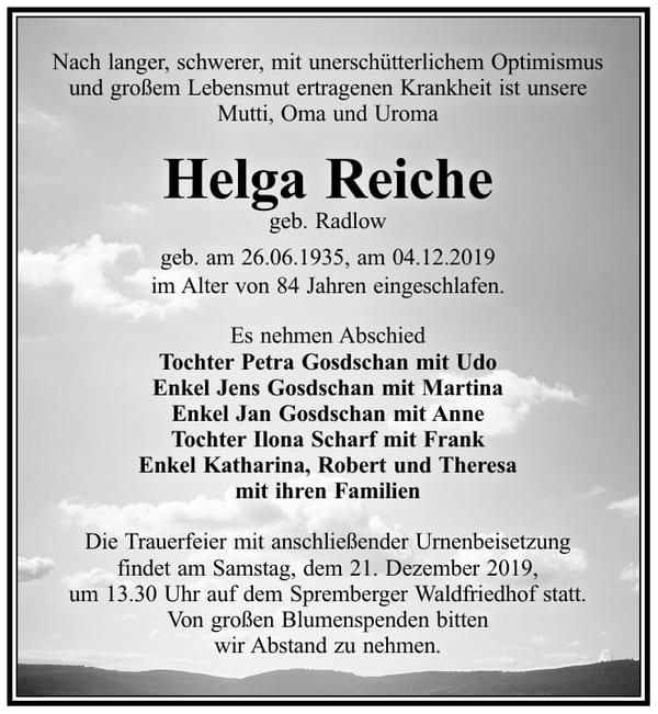 Traueranzeige Helga Reiche, geb. Radlow