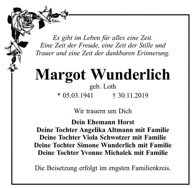 Traueranzeige Margot Wunderlich, geb. Loth