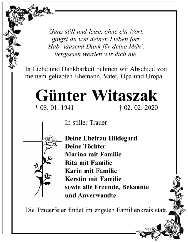 Traueranzeige Günter Witaszak
