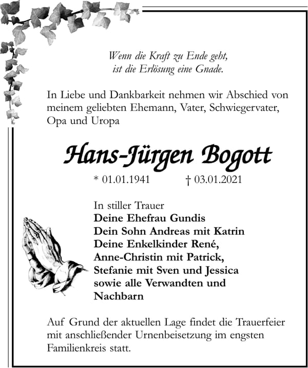Traueranzeige Hans-Jürgen Bogott