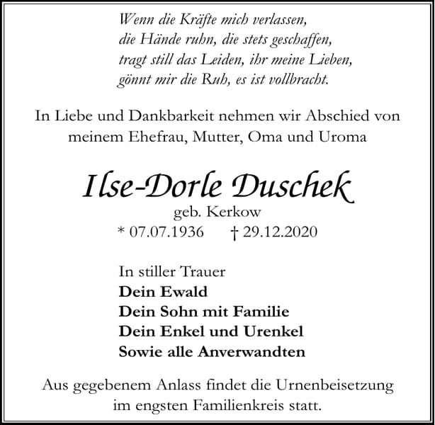 Traueranzeige Ilse-Dorle Duschek, geb. Kerkow