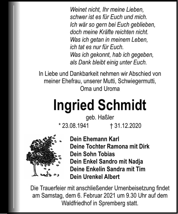 Traueranzeige Ingried Schmidt, geb. Haßler