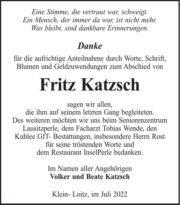Danksagung Fritz Katzsch