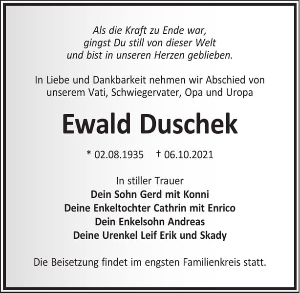 Traueranzeige Ewald Duschek