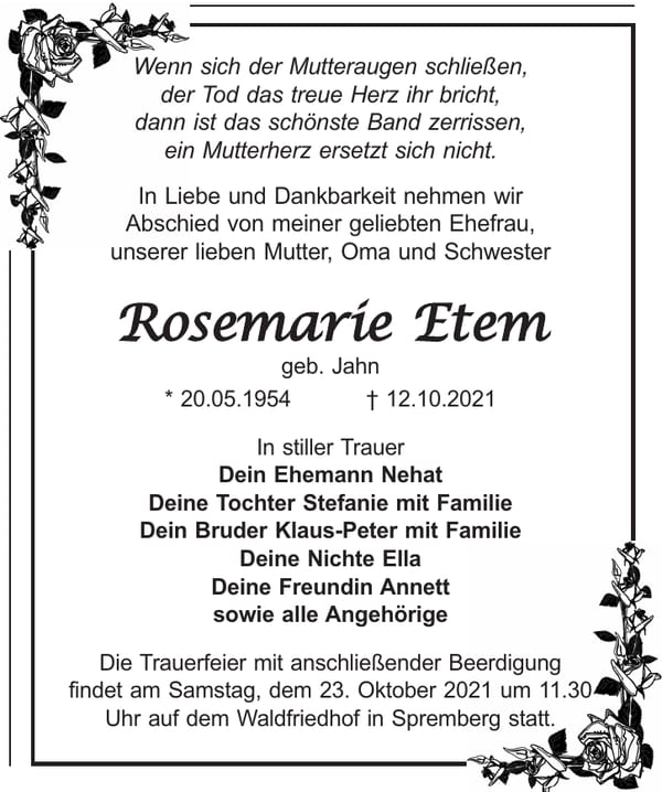 Traueranzeige Rosemarie Etem, geb. Jahn