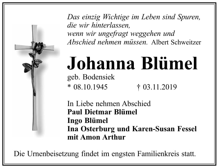 Traueranzeige Johanna Blümel, geb. Bodensiek
