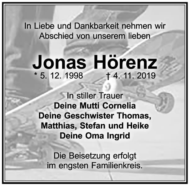 Traueranzeige Jonas Hörenz