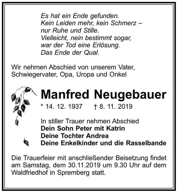 Traueranzeige Manfred Neugebauer