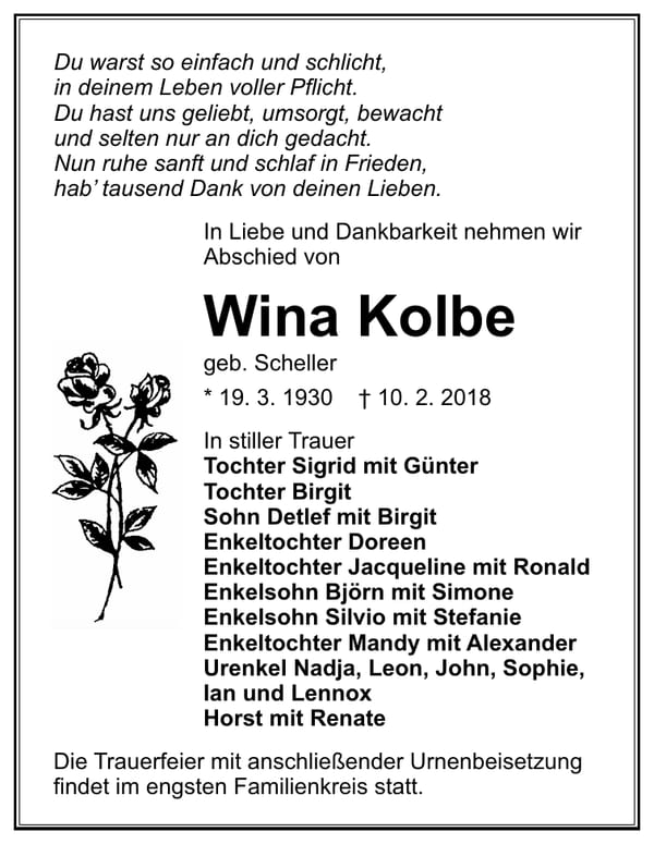 Traueranzeige Wina Kolbe, geb. Scheller