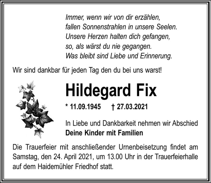 Traueranzeige Hildegard Fix