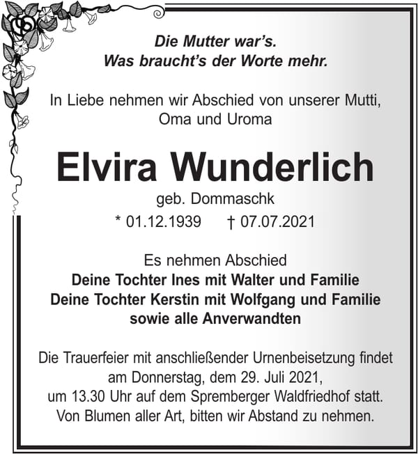 Traueranzeige Elvira Wunderlich, geb. Dommaschk