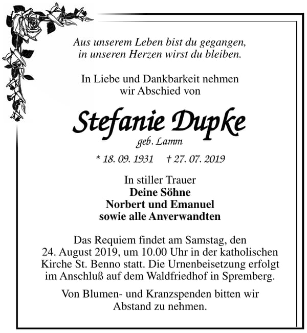 Traueranzeige Stefanie Dupke, geb. Lamm