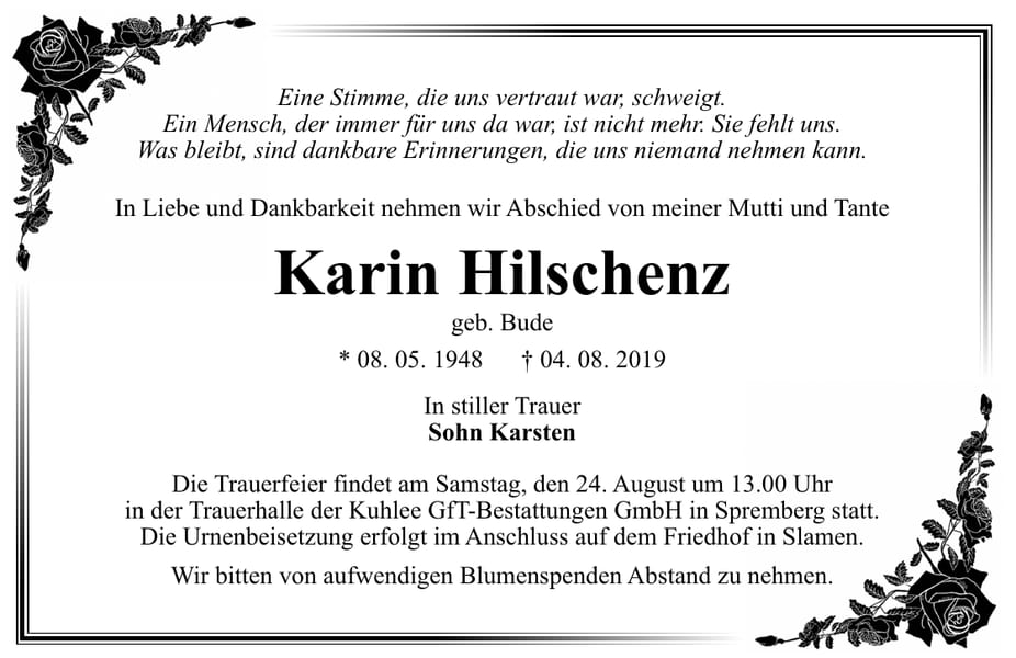 Traueranzeige Karin Hilschenz, geb. Bude