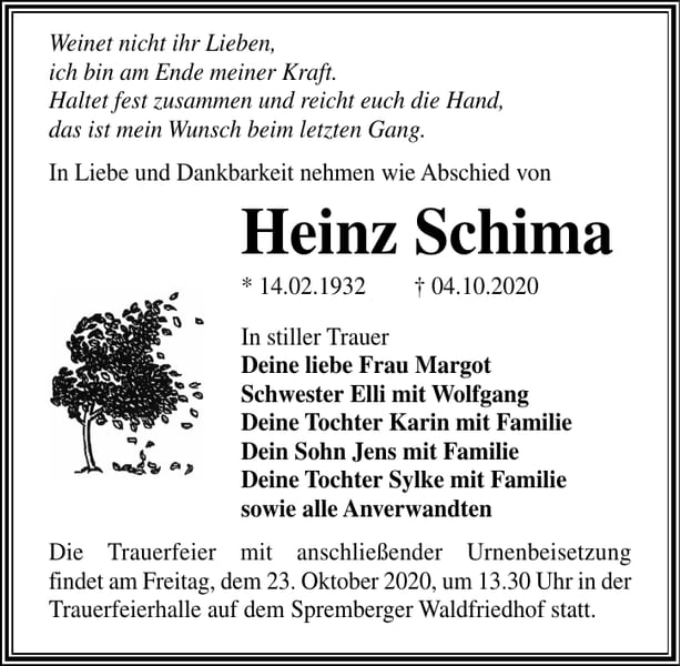Traueranzeige Heinz Schima