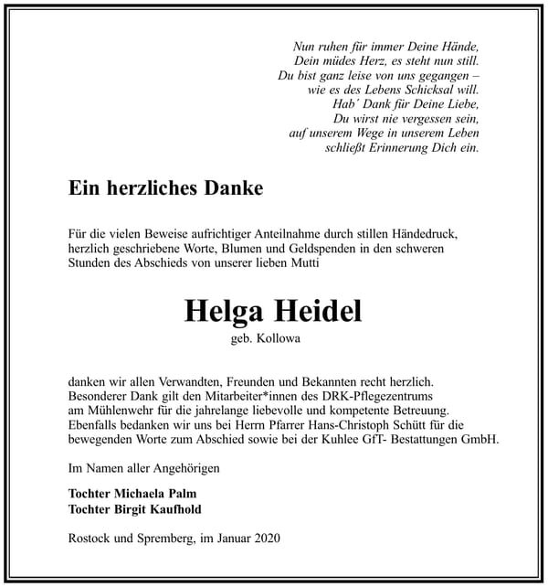 Danksagung Helga Heidel, geb. Kollowa