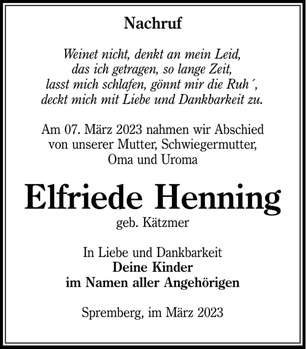 Nachruf Elfriede Henning, geb. Kätzmer