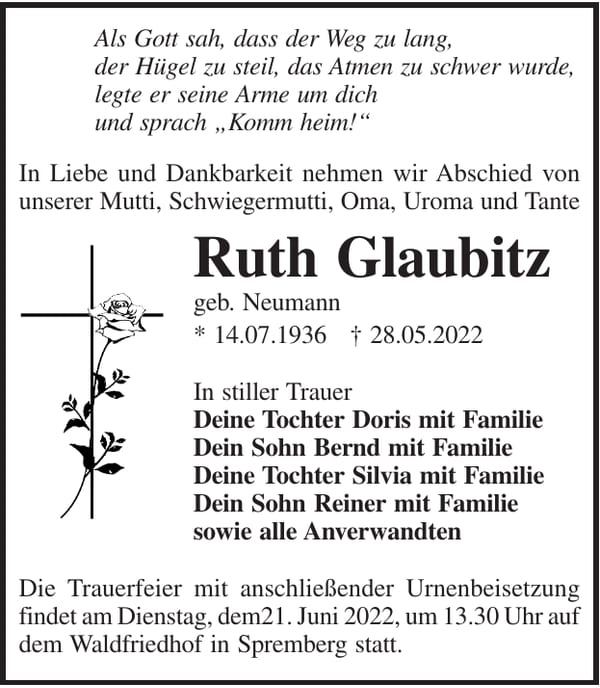 Traueranzeige Ruth Glaubitz, geb. Neumann