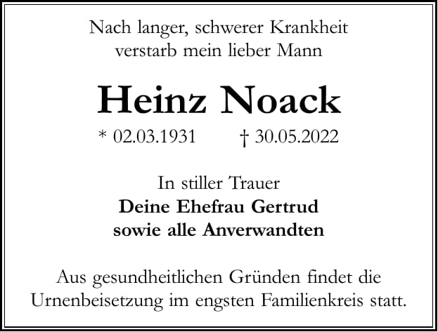 Traueranzeige Heinz Noack